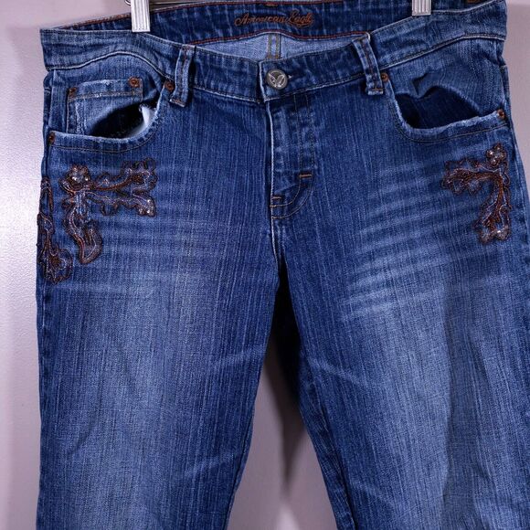 American Eagle Jeans Women's 34x30 Stretch Boot Distressed Embroidered Denim - Picture 1 of 16